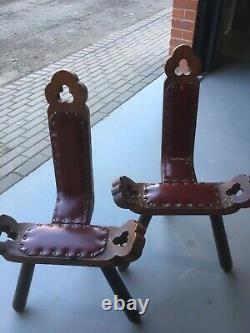 Pair Vintage Tripod Birthing Chair 3 Legged Stool Spanish Carved Wood Brown