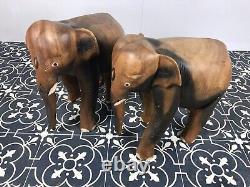 Pair Vintage Wooden Carved Asia Elephants Stylish Collectibles
