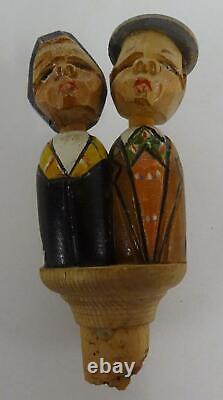 Pair Wood Carved ANRI Mechanical Wooden Cork Bottle Stoppers Italian Moving