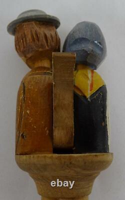 Pair Wood Carved ANRI Mechanical Wooden Cork Bottle Stoppers Italian Moving