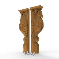 Pair Wood Carved Corbel Bird Gothic Fireplace Mantel Balusters Wall Applique Set