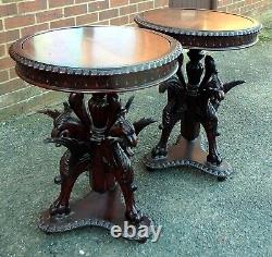 Pair antique carved solid mahogany gothic grotesque beast dragon side tables