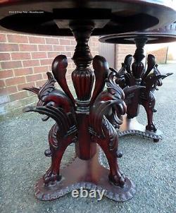 Pair antique carved solid mahogany gothic grotesque beast dragon side tables