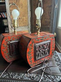 Pair of Antique Chinese One of a Kind Table Lamps Red Black, Asian Carved Figure