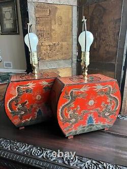 Pair of Antique Chinese One of a Kind Table Lamps Red Black, Asian Carved Figure