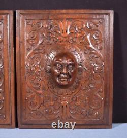 Pair of Antique French Carved Architectural Panels in Solid Walnut Wood withFaces