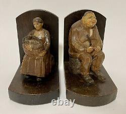 Pair of Antique Vintage Carved Wood Continental Bookends Naive German Dutch