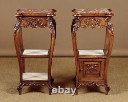 Pair of Carved Oak & Marble Top Bedside Tables c. 1920