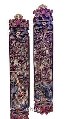 Pair of Chinese Hand Carved Wooden Wall Sculptures Plaques Chinoiserie