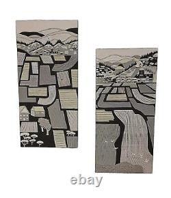 Pair of Japanese Style CARVINGS. Traditional Japanese Farming Landscapes