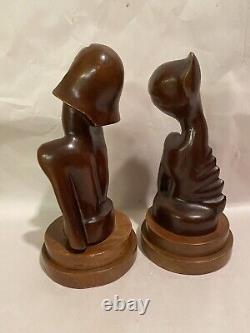 Pair of Vintage Art Deco Carved Wood Lady Woman Girl Busts Sculptures
