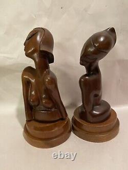 Pair of Vintage Art Deco Carved Wood Lady Woman Girl Busts Sculptures