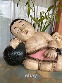 Pair of Vintage Carved Wood Asian Boy With Ball Sculpture Oriental Karako