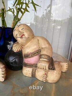 Pair of Vintage Carved Wood Asian Boy With Ball Sculpture Oriental Karako