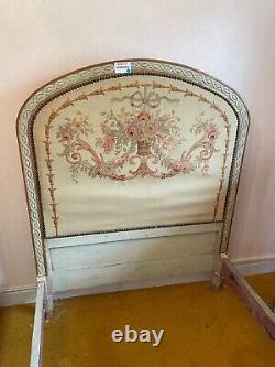 Pair of antique French hand-painted & carved beds with tapestry headboards
