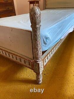 Pair of antique French hand-painted & carved beds with tapestry headboards