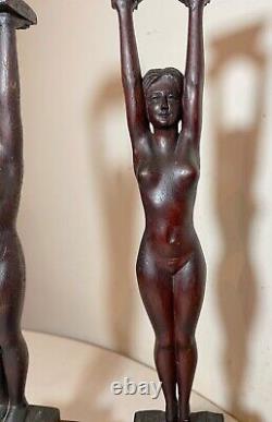 Pair of antique carved Newcombe wood nude lady man sculpture candlestick statue