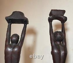 Pair of antique carved Newcombe wood nude lady man sculpture candlestick statue