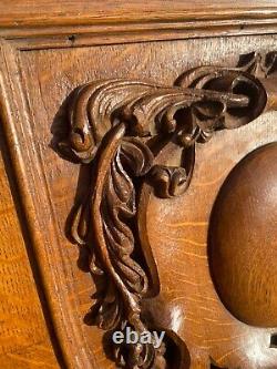 Pair of solid oak antique art nouveau wooden carved Shield panels carvings 1900