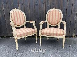 Pair of vintage painted carved wood French Louis the XVI style armchairs 1930