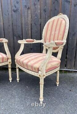 Pair of vintage painted carved wood French Louis the XVI style armchairs 1930