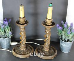 Pair vintage barley twist wood carved table lamps