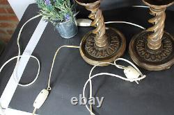 Pair vintage barley twist wood carved table lamps