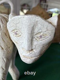 RARE Matching Pair Of MID CENTURY CARVED WHITE WASHED WOOD MONKEY SCULPTURES