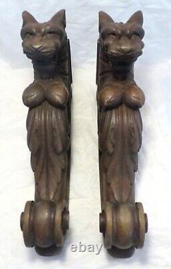 RARE Pair Huge 18 Gothic Oak Wood Carved Wall Console French 19th Foot lamp