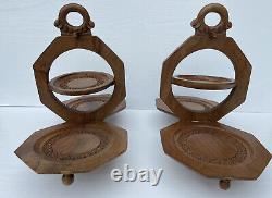 RARE Pair Of Vintage 3 Tier Hand Carved Wooden Dessert / Cake Stand. Foldable