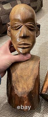 RARE Pair Wooden Sculpture Vintage Exotic Hand Carved African Tribal Head 4kgs