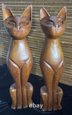 Rare Matching Pair Male/Female MCM Hand Carved Cat Sculptures Teak Wood 20 T