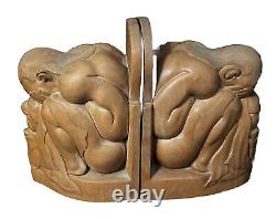 Rare Vintage Hand Carved Wood Bookends Statue Man Weeping Bali MCM Signed Pair