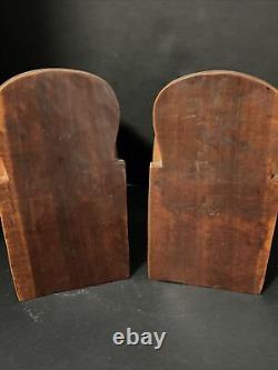 Rare Vintage Hand Carved Wood Bookends Statue Man Weeping Bali MCM Signed Pair