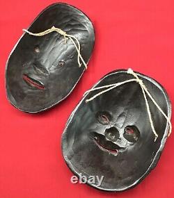 Set of 2 Vintage JAPANESE Noh masks wood carved painted rare pair lot Japan face