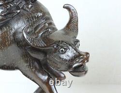 Stunning Antique Pair of Chinese Carved Hardwood & Silver Inlaid Water Buffalo