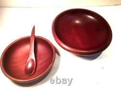VINTAGE WOOD CARVED 2- PURPLE HEART WOOD CARVED-TURNED BOWLS With 1 SERVING SPOON
