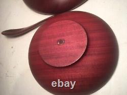 VINTAGE WOOD CARVED 2- PURPLE HEART WOOD CARVED-TURNED BOWLS With 1 SERVING SPOON