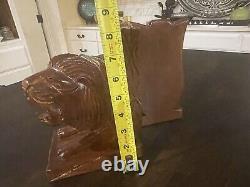Vintage 8 Pair Heavy Solid Wood Carved Lion Head Bookends Library