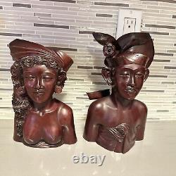 Vintage BALI Tribal Man & Woman Carved Solid Wood Art Bust Sculpture Pair