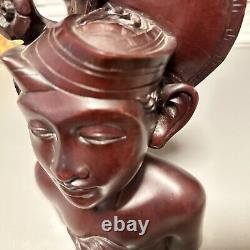 Vintage BALI Tribal Man & Woman Carved Solid Wood Art Bust Sculpture Pair