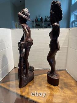 Vintage BALI WOMAN Man Hand Carved WOOD Sculpture Couple Statue Balinese Nude