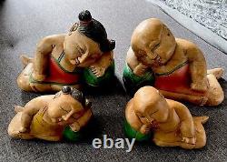 Vintage Carved Wood Sleeping Children Chinese Oriental Asian Decor Boy Girl Pair
