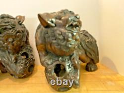 Vintage Chinese solid wood carved Foo Dogs pair, male & female