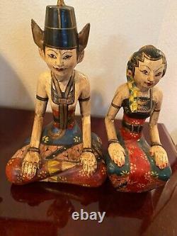 Vintage Indonesian Hand Carved Wood Painted Statues Couple Loro Blonyo Set of 2
