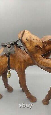 Vintage Liberty's Rare Leather Pair Of Camels Sculpture On Hand Carved Wood