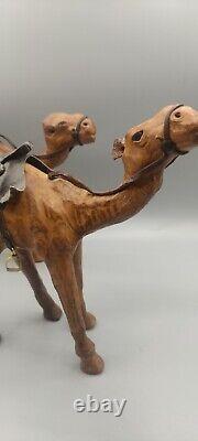 Vintage Liberty's Rare Leather Pair Of Camels Sculpture On Hand Carved Wood