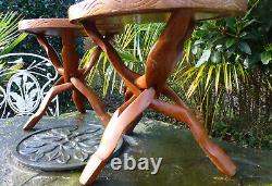Vintage Pair Carved Wood Side Table Tables Folding Legs Moroccan Unusual
