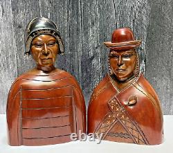 Vintage Pair JUAN RAMIREZ Bolivian Hand Carved Wood Figures Sculptures Signed