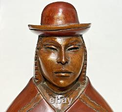 Vintage Pair JUAN RAMIREZ Bolivian Hand Carved Wood Figures Sculptures Signed